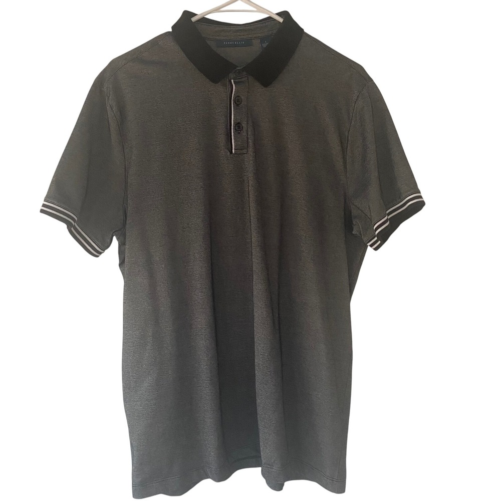 Perry Ellis‎ Polo Shirt Gray Striped Trim Short Sleeve Casual Men's Size L EUC